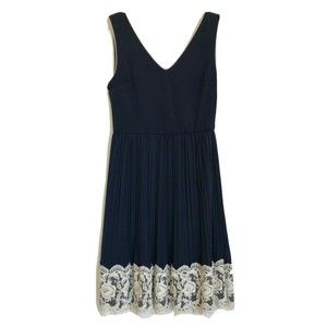 YELLOW STAR Dress Women's Size S Navy Sleeveless Pleated Lace Trim A-Line‎ Lined
